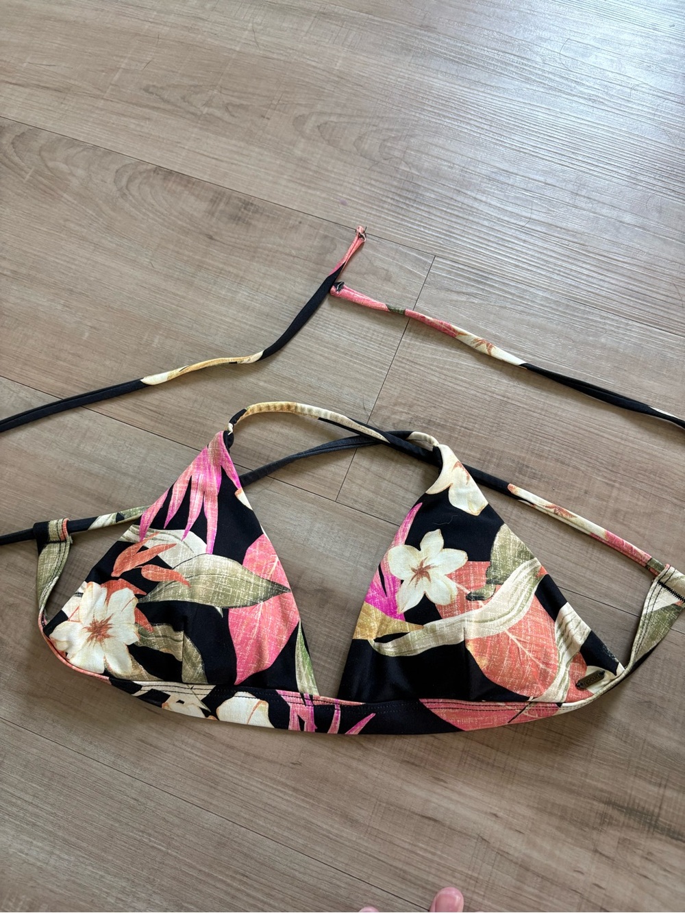 Rip Curl Black Floral Triangle Bikini Top with Pink and Cream Accents